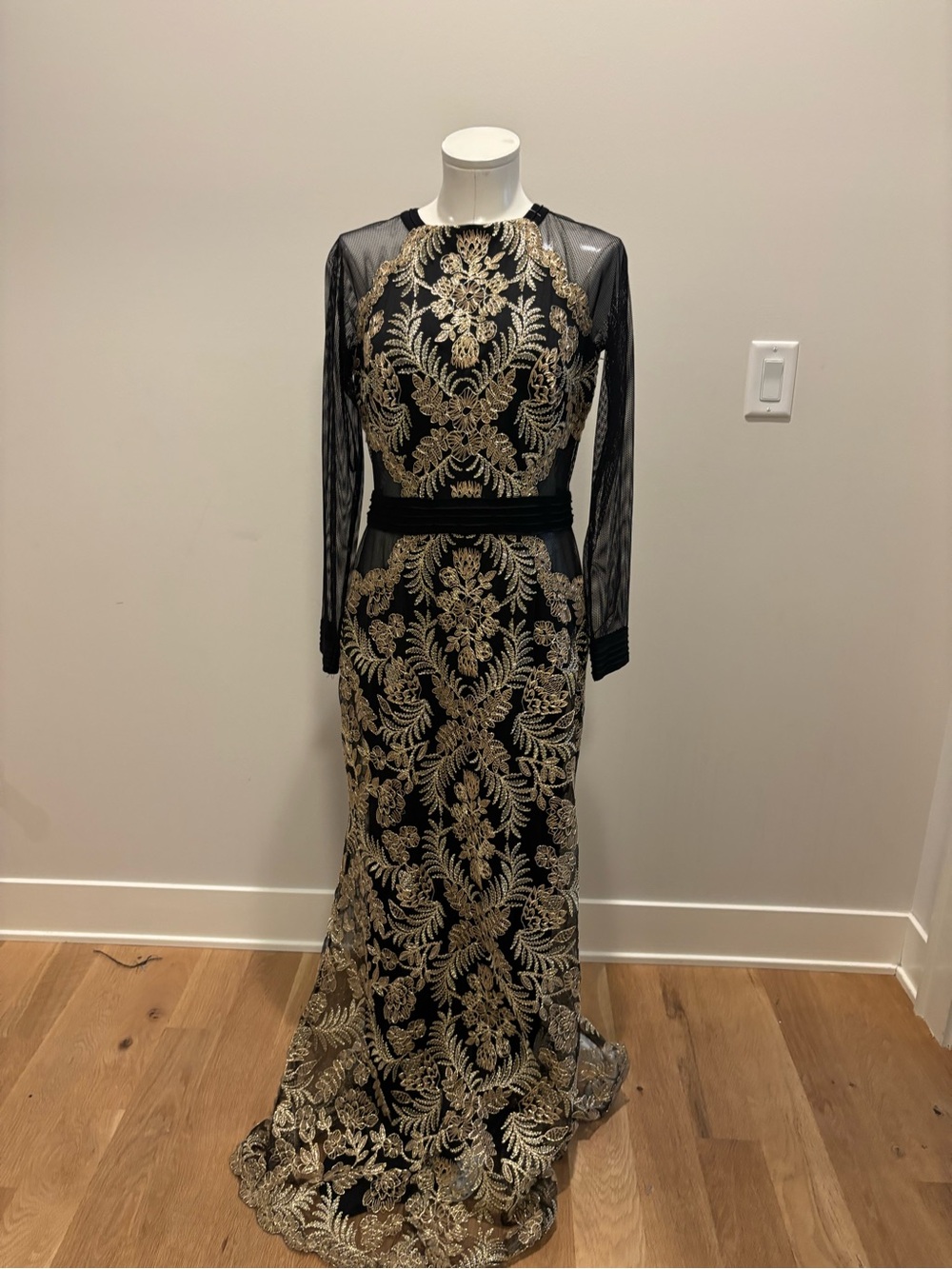 Tadashi Shoji Black & Gold Lace-Embroidered Sheer-Sleeve Gown - Picture 10 of 12